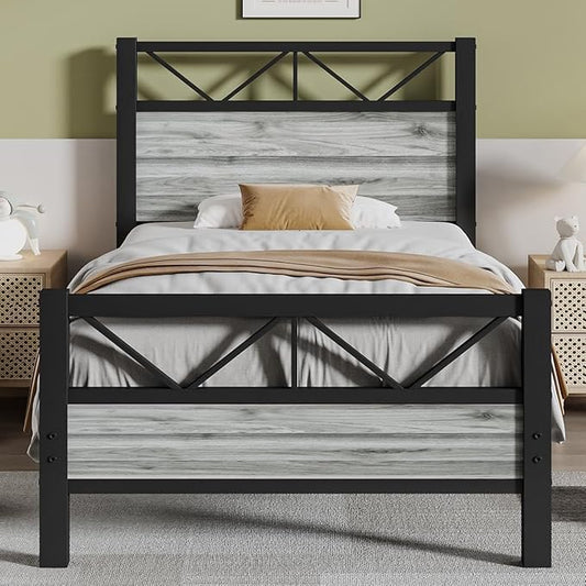 Twin Bed Frames with Tall Headboard, Industrial Twin Platform Bed Frame with Heavy Duty Metal Slats Support, No Box Spring Needed, Noise-Free, Easy Assembly, Wash Grey