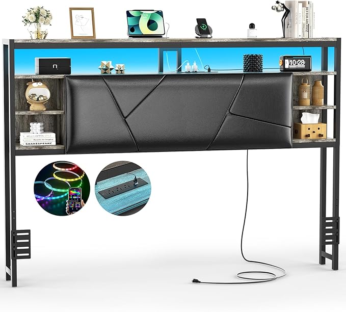 Upholstered Queen Size Headboard with Charging Station and Smart RGB LED Light, Queen Bed Head Board with Storage Shelf, Sturdy and Solid Headboards for Bedroom, Guest Room, Dorm, Black Oak