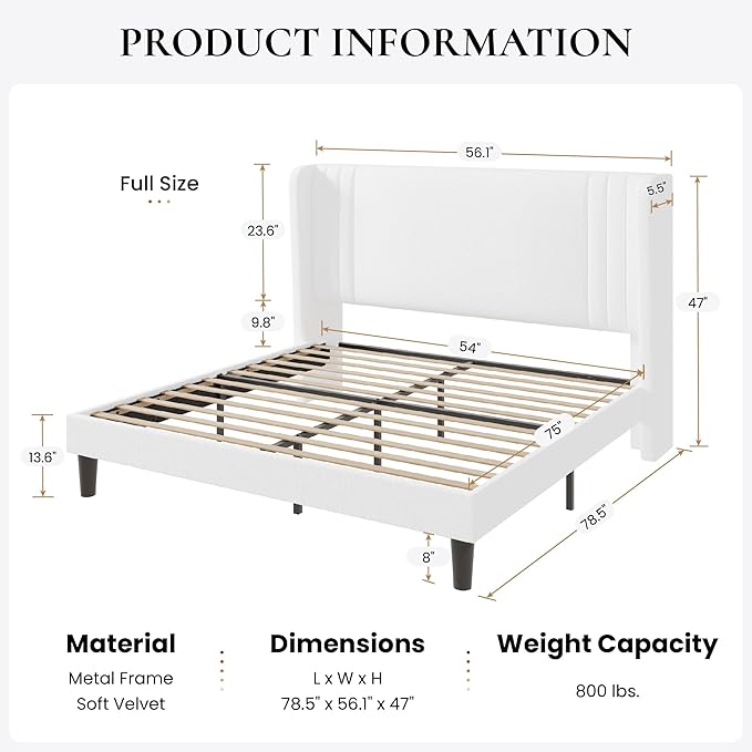 SHA CERLIN Full Size Velvet Upholstered Platform Bed Frame with Vertical Channel Tufted Wingback Headboard, Wooden Slats Support, Easy Assembly, Under Bed Storage, No Box Spring Required, White