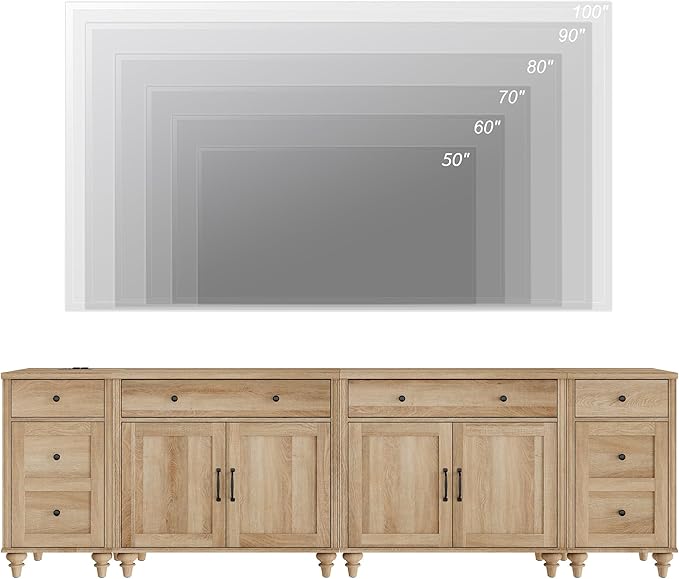 WAMPAT Farmhouse TV Stand for 100 Inch TV, 4-in-1 TV Console Table for 75/80/85/90 Inch TV, Entertainment Center with Charging Station, Kitchen Sideboard Buffet Cabinet for Dining Room, Oak