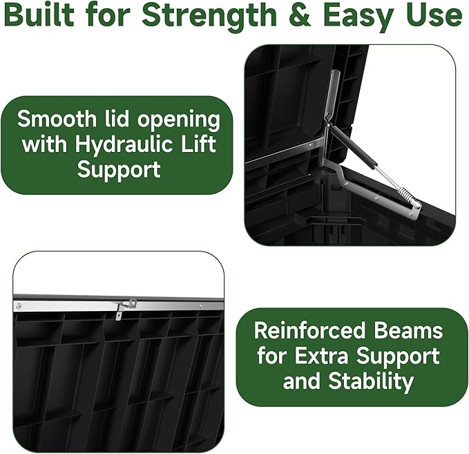 230 Gallon Outdoor Storage Box Waterproof, UV Resistant Resin Deck Box with Hydraulic Rod, Reinforced Stability for Patio, Garden,Striped Black