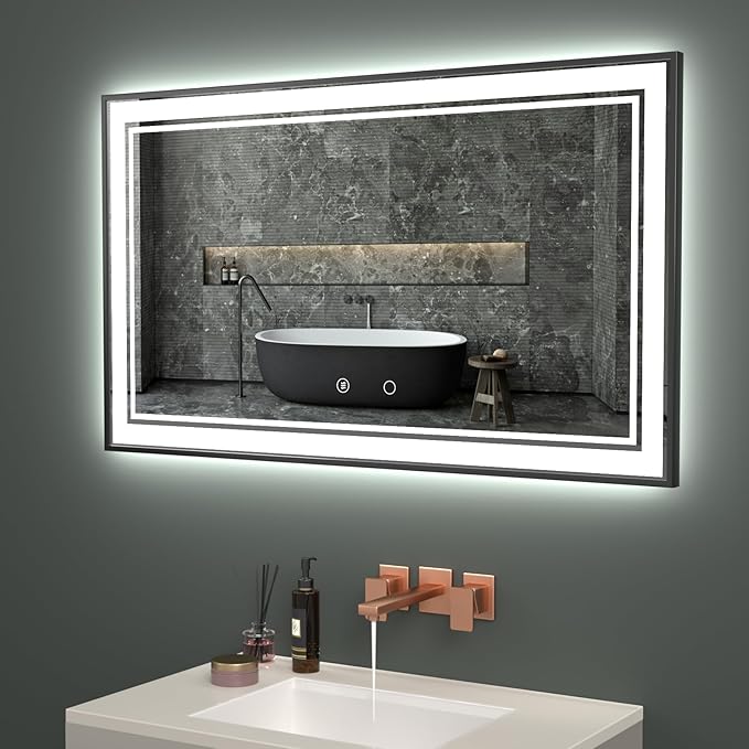 55" x 32" LED Bathroom Mirror with Lights Framed LED Mirror for Bathroom Backlit and Front Lighted Bathroom Mirror Black Square Aluminum Frame Anti-Fog Dimmable Vanity Adjustable Memory