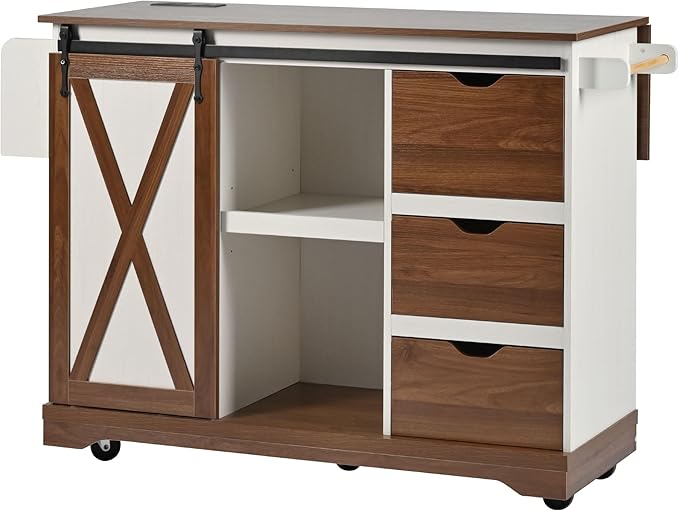 55'' Kitchen Island Cart on Wheels with Drop Leaf Countertop, Mobile Kitchen Island Carts with Power Outlet, Rolling Kitchen Table with Storage, Spice Rack, Towel Rack, and Drawer (White)