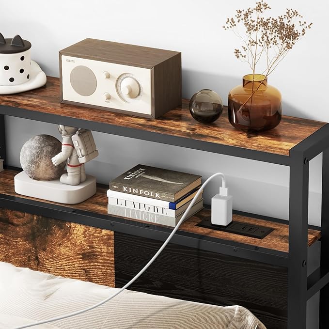 Queen Size Headboard, Headboards with Charging Station, USB Port and LED Light, Head Board with 2-Tier Storage Shelf, Adjustable Height, Easy Assembly, Sturdy and Stable, Rustic Brown