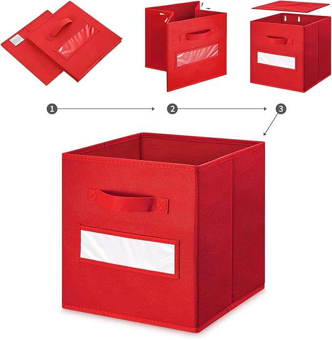 artsdi 13x13x13 storage cube bins(Set of 10) Fabric storage cubes with 10 Labels Window Cards & a Pen, storage cubes 13x13, Collapsible 13 inch cube storage bins, Cubby Organizer Boxes, Red