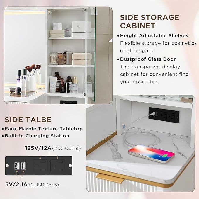 T4TREAM Fluted Makeup Vanity Desk with 36" HD Lighted Mirror, 48" Big Modern Vanity Desk with Mirror and Lights, Dressing Table with 5 Drawers & Shelves, Glass Top for Bedroom (Off White)