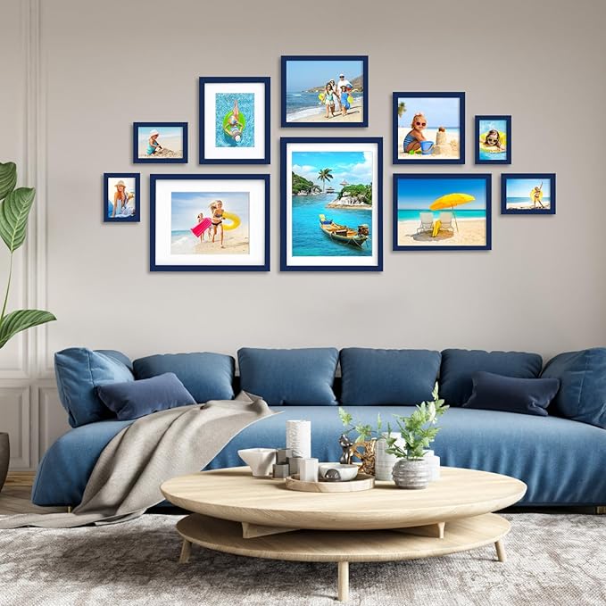 Egofine 11x14 Picture Frame Made of Solid Wood Covered by Plexiglass, Display Pictures 5x7/8x10 with Mat or 11x14 Without Mat for Table Top Display and Wall Mounting Photo Frame, Navy Blue