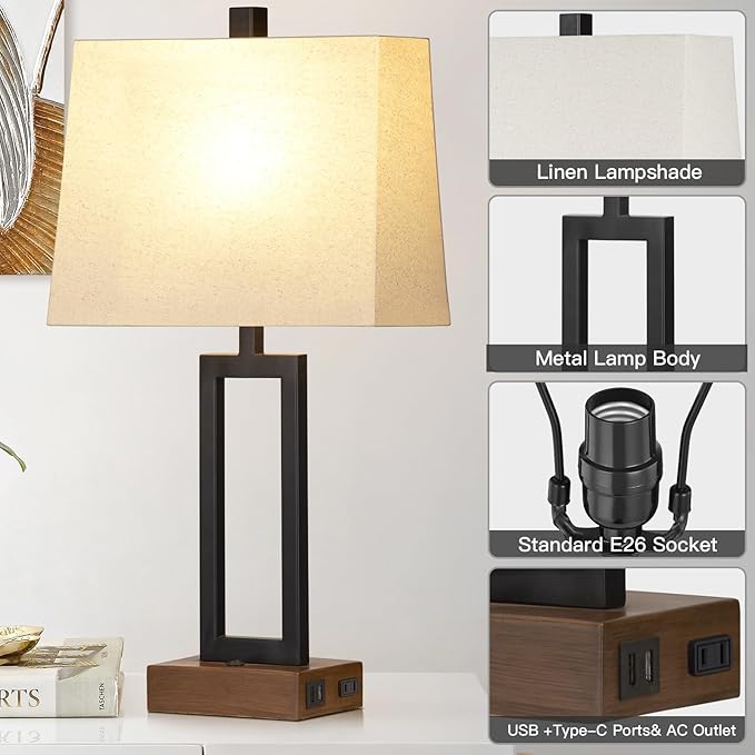Table Lamp for Bedroom Set of 2 with 2 USB Ports and AC Power Outlet, 23.5" Modern Bedside Lamp, Wood Nightstand Lamp with Linen Shade for Living Room Hotel Desk(LED Bulb Included)