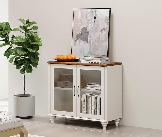 Wampat TV Stand for 43 Inch TV with LED Light, Wood Console Table for Living Room, Buffet Cabinet with Glass Door for Dining Room, Off White