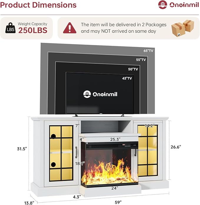 oneinmil 59'' Fireplace TV Stand, 3 Sided Glass Media Entertainment Center Console Table for TVs up to 65'' with Glass Door Adjustable Flame LED Color for Living Room, Set of TV Table, White