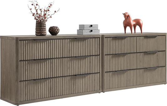 SICOTAS Dresser for Bedroom 6 Drawer Dressers & Chests of Drawers for Closet Long Large Modern TV Stand Set for Clothes Storage Fluted Wide Clothes Closet for Hallway Entryway (Grey Alder, 2 Pieces)