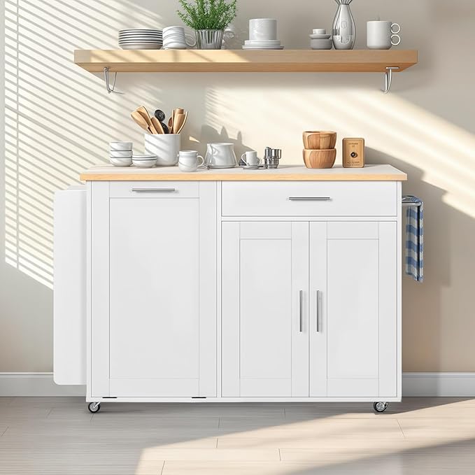 Kitchen Island with Storage & Drop Leaf- Rolling Island Cart with Wheels, Rubberwood Top, Trash Bin Cabinet & Towel Rack, White Farmhouse Style Island Table for Kitchen