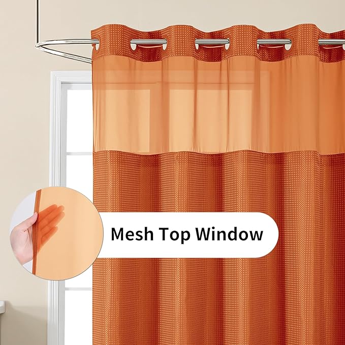 No Hook Shower Curtain with Snap in Fabric Liner, Waffle Weave Heavy Duty Thick Shower Curtains with Mesh Top Window, Hotel Style Waterproof Bathroom Curtain Set, 72 x 81 Inch, Burnt Orange