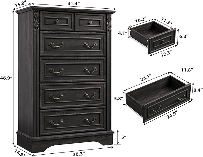 BLANKSPACE Black Dresser for Bedroom, Farmhouse 6 Drawers Dresser,Tall 6 Chest of Drawers Cabinet with Thickened Wood Carving for Home Office,Hallway
