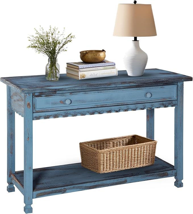 Alaterre Furniture Rustic Cottage Media Console Table, Antique Blue with 1 Drawer and 1 Shelf, Hardwood Construction, Ideal for Living Room or Entryway