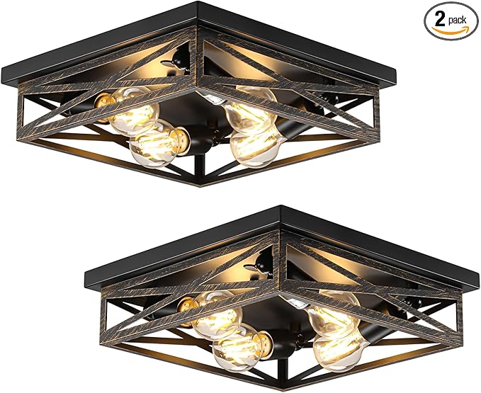 2 Pack Rustic 4-Light Kitchen, Hallway Flush Mount Light Fixtures, Industrial Metal Cage Ceiling Light for Farmhouse, Kitchen, Hallway E26 Base(13in)