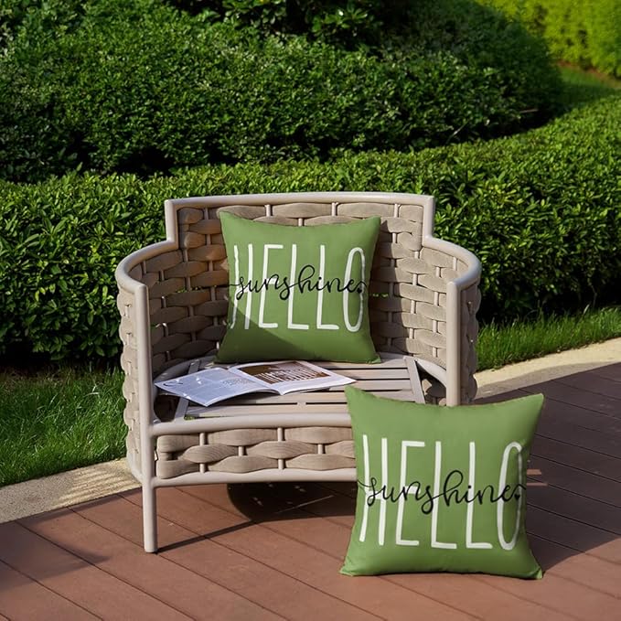 DFXSZ Outdoor Pillow Covers 20x20 Inch Set of 2 Hello Sunshine Decor Olive Green Waterproof Throw Pillow Covers Summer Outdoor Pillow Covers Decor for Patio Funiture Garden Sofa Couch 020G20