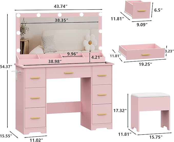 Makeup Vanity Desk with Mirror and Lights, Glass Top Vanity with 38" Lighted Mirror & Charging Station, Large Vanity Mirror with Lights Desk and Chair for Girls 3 Lightings Mode Adjusted, Pink