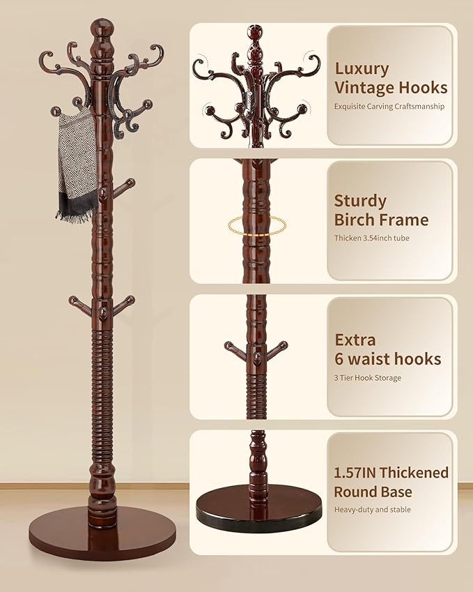 EZIVIEZ Wooden Coat Rack Stand, Solid Wood Freestanding Coat Rack, Vintage Coat Racks with 14 Hooks & Disc Base, Standing Coat Hanger Jacket Tree Stand for Office, Entryway, Hallway