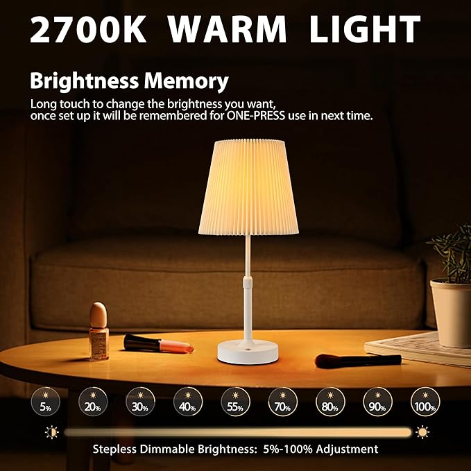 Cordless Table Lamp, 2700K Stepless Dimmable Wireless Touch Lamp with 2 Bulbs, 5200mAh Rechargeable Battery Operated Lamps for Living Room, Kitchen, Bedside, Dining Room, Bar(White)