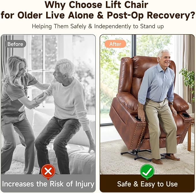 Large Power Lift Chair Recliner for Elderly with Heated and Massage, Overstuffed Adjustable Lift Chair, 3 Position, Breathable Leather, USB-A&USB-C, Cup Holder (Tall Man-7523, Brown)
