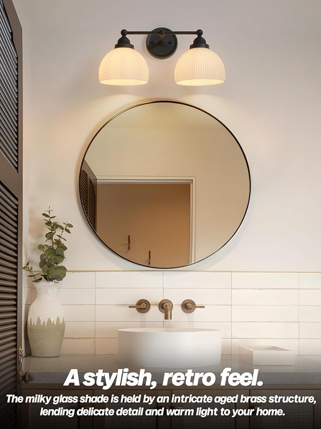 2-Lights Milk White Glass Wall Sconce Lighting Brass Finished, Double Arm Bathroom Vanity Light Fixture for Bedroom Living Room Dining Room Hallway