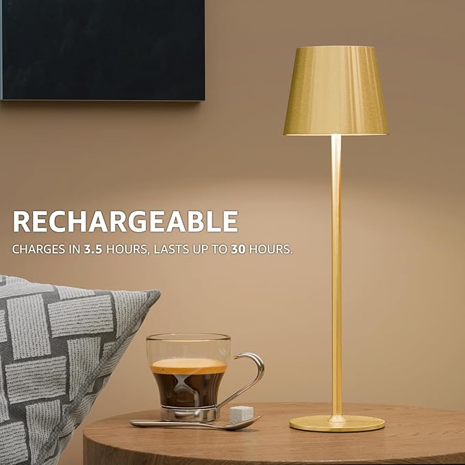 uuffoo 2 Pack Rechargeable Table Lamp Battery Operated Cordless Table Lamps with 3 Colors Stepless Dimming, Desk Night Light for Restaurant, Patio, Bedroom, Bar (Electroplated Gold)