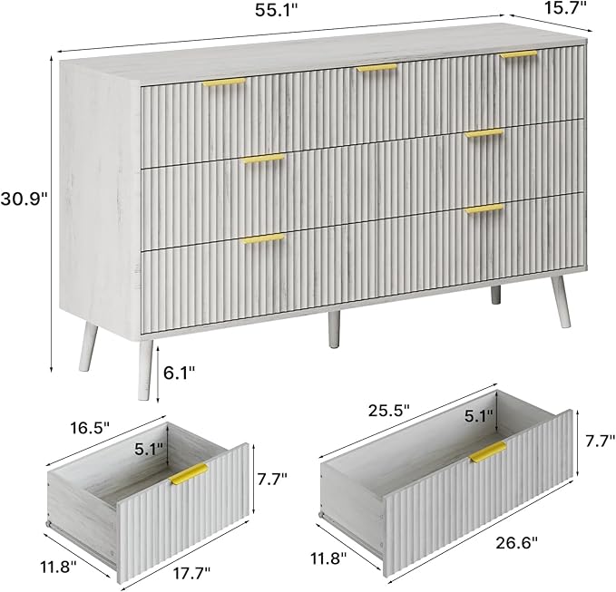 LYNSOM Fluted Dresser and Nightstand Set, 3 Pieces Bedroom Set, 55 Inch Wide 7-Drawer Dresser & 1-Drawer Nightstands Set of 2, Modern Dressers Set for Bedroom, Living Room, White
