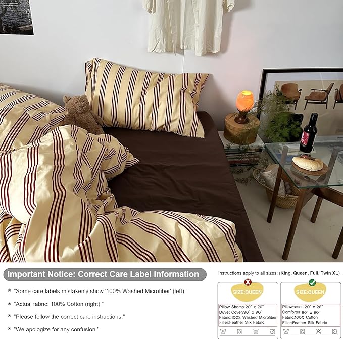 mixinni Vintage Striped Comforter Set Twin XL Size - Soft Cotton 3-Piece Boho Bedding Set (1 Comforter+ 2 Pillowcases), Rustic Red-Brown Geometric Stripes, Ultra-Soft & Breathable for All Seasons