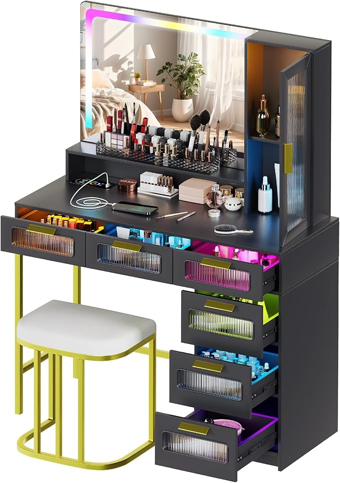 Vanity Desk with Mirror and RGB Lights, Makeup Vanity Desk with Wireless Charging Station,Large Dressing Table Set with Stool,LED Vanity Table with 6 Drawers/Cabinet/Shelves for Bedroom, Black