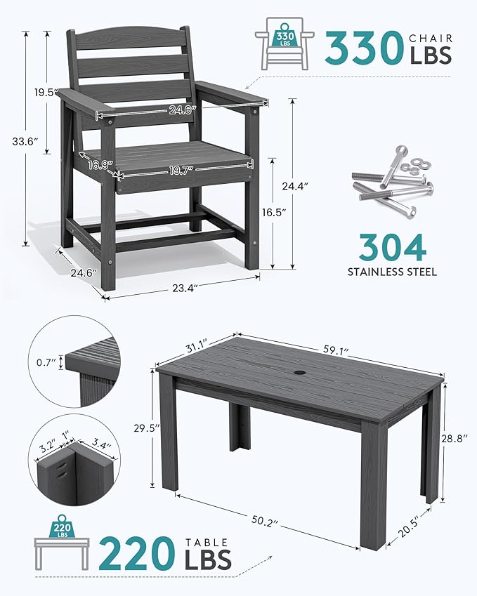 SERWALL Patio Dining Set for 4, Outdoor Dining Sets for 4 Person with 1 Umbrella Hole Cut-Out Rectangular Table and 6 Chairs, HDPE Dining Sets for Garden, Backyard, Poolside, Gray