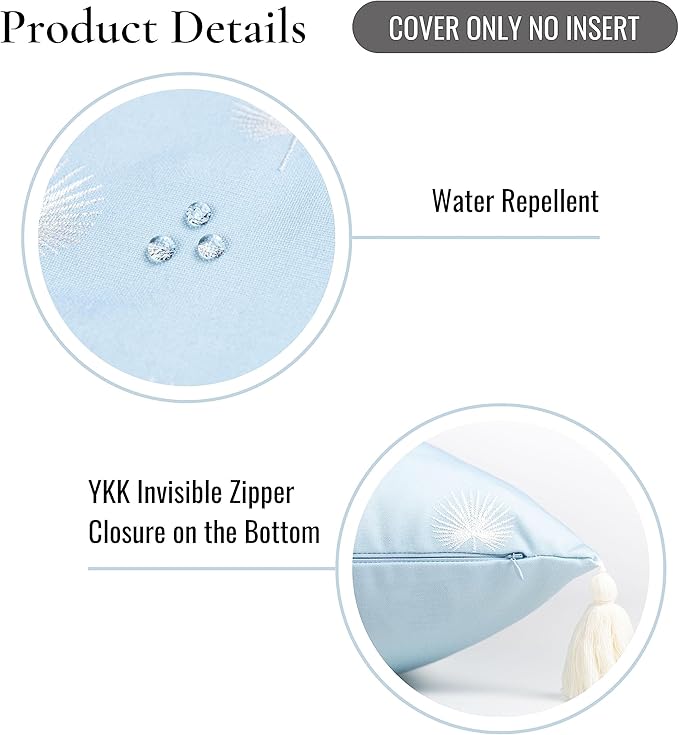 Hofdeco Premium Coastal Hampton Style Patio Indoor Outdoor Lumbar Pillow Cover Only, 12"x20" Water Resistant for Backyard, Couch, Baby Blue Embroidered Palm Leaf Tassel