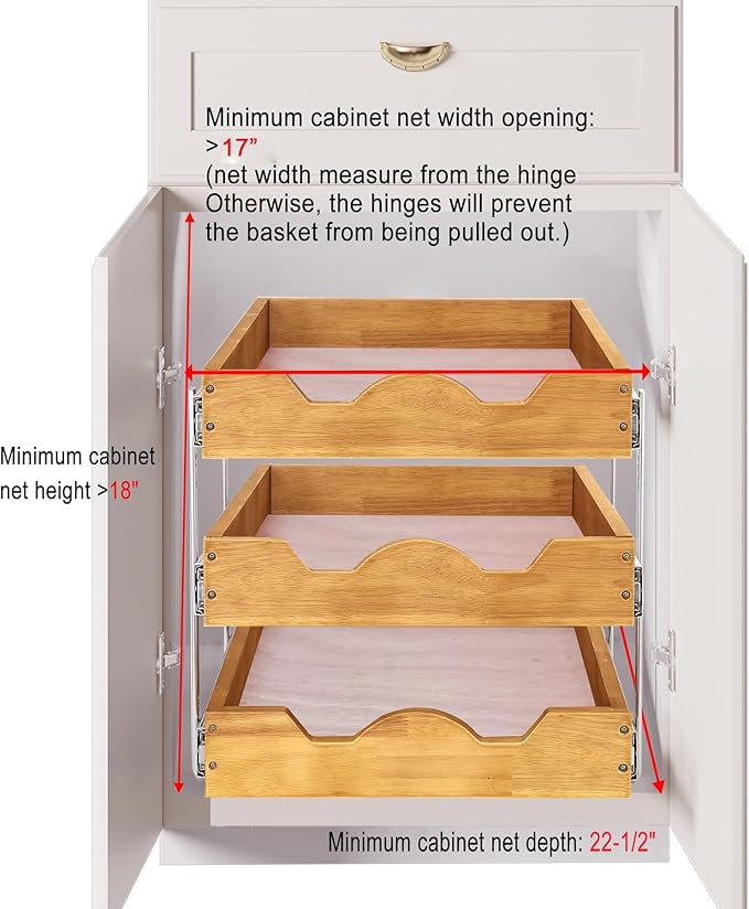 DINDON 3 Tier Pull Out Cabinet Organizer 17”W X21”D Slide Out Shelves With Shelf Liner for Kitchen Wood Roll Out Drawers Pantry Organization