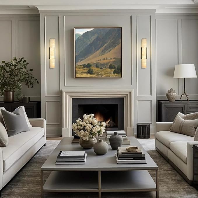 Alabaster Wall Sconces, Spanish Natural Marble Wall Sconce, 20" Bronze Wall Sconce for Bathroom, Modern Alabaster Sconces Wall Lighting Dimmable, Marble Wall Lamp for Living Room, Bedroom, Hallway