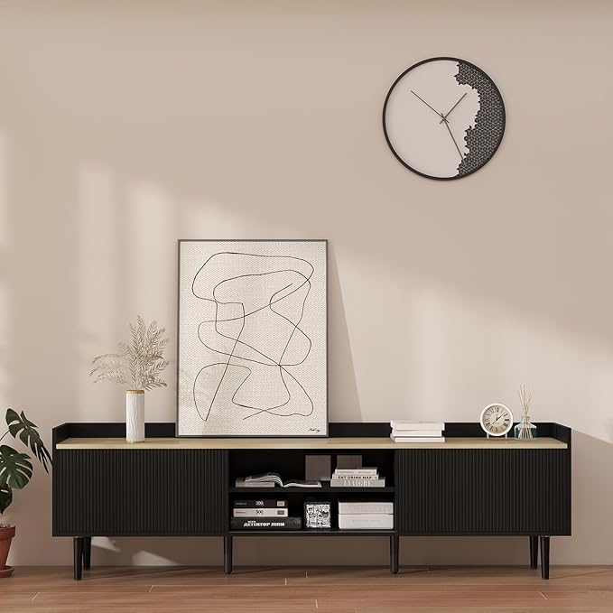 Bonzy Home 70'' Fluted TV Stand Modern Entertainment Center with Sliding Doors & Storage for up to 75'' TV, Media TV Console for Living Room & Bedroom, Black