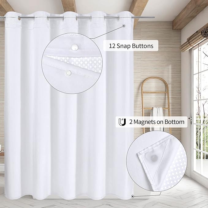 MitoVilla No Hooks Needed White Waffle Shower Curtain Set with Snap-in Liner, Modern Waffle Weave Fabric Shower Curtains for Luxury Hotel Grade Spa-Like Bathroom Decor, 72 x 74