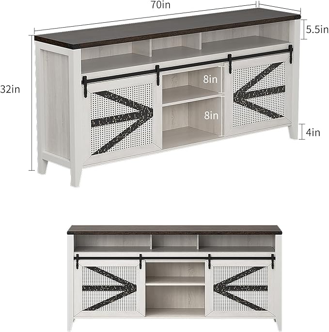 VFK 70 Inch TV Stand for TVs up to 70", Rustic Farmhouse Media Console with Sliding Barn Doors, 6 Drawers, Entertainment Center for Living Room