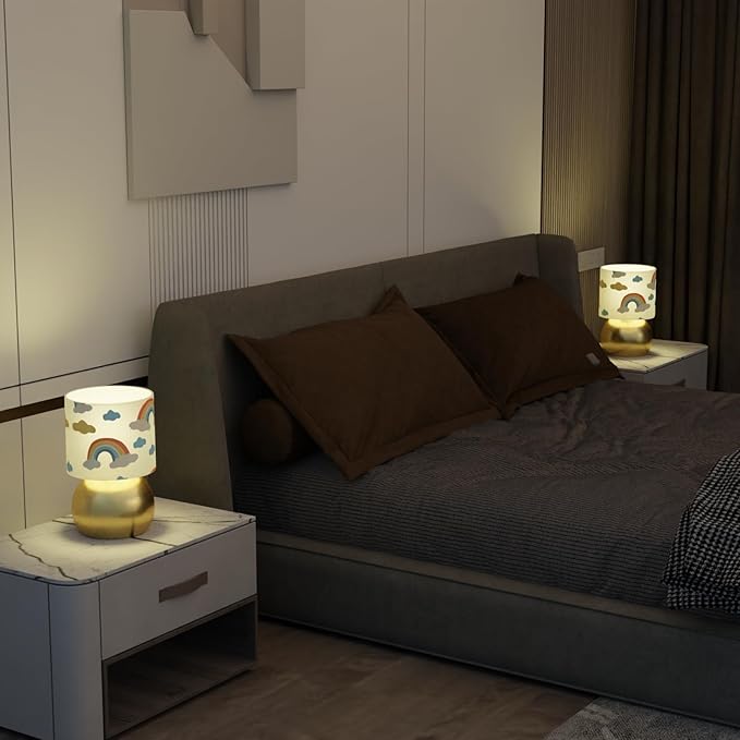 Set of 2 Gold Small Bedside Table Lamps with Rainbow Cloud Pattern Shades (Bulb Included)