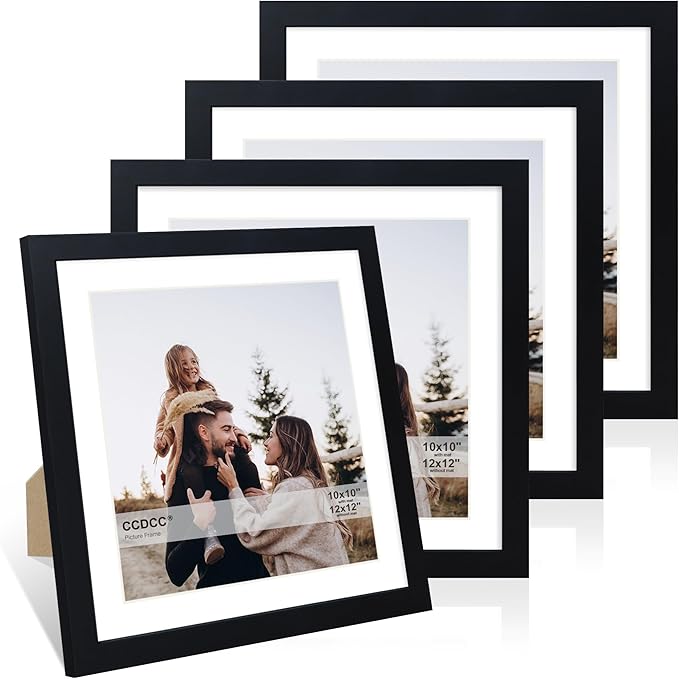 12x12 Picture Frame Set of 4, 12 x 12 Wood Photo Frames with Mat for 10x10 or 30x30cm Diamond Painting Art, Wooden Frame with Real Glass Cover for Wall and Tabletop Display,Black