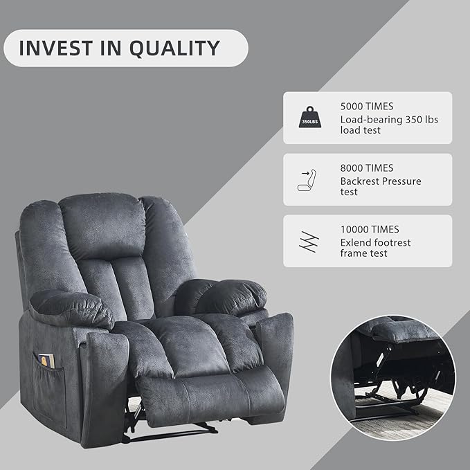 Phoenix Home Manual Recliner Chair for Adults with Massage and Heat, Overstuffed Fabric Reclining Chair, Oversized Recliners with 2 Cup Holders and Side Pockets for Living Room, Bedroom, Dark Grey