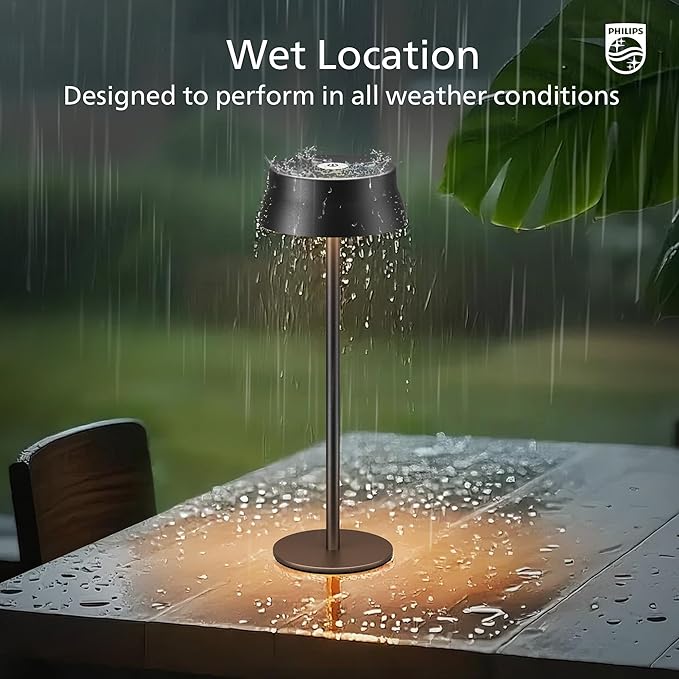 Philips Cordless Table Lamp, Portable Outdoor LED Desk Light,Rechargeable Battery Operated, 2 Adjustable Height, Touch Control & 3 Color Stepless Dimming, Waterproof Lamps for Restaurant/Bedroom