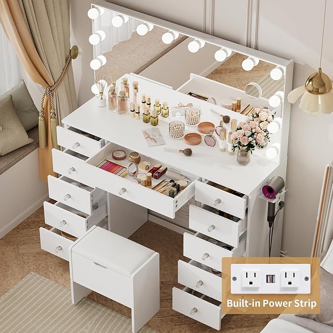 VOWNER Vanity with Lighted Mirror - Makeup Vanity Desk with Lights and 11 Drawers, 3 Color Lighting Modes Adjustable Brightness, 46" Makeup Desk with Soft Cushioned Stool for Bedroom, White