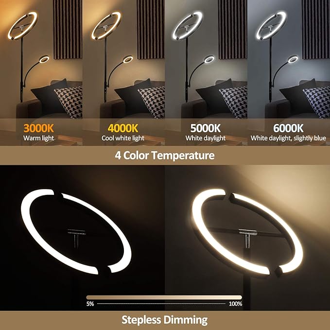 FIMEI Split Floor Lamp Modern LED Rotatable Floor Lamp with Reading Light, Eye-Protection Reading Standing Lamp with Stepless Dimming and 3000K-6000K Color, Separately Rotatable Design, Black