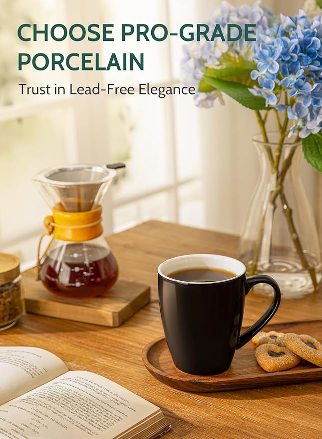 Sweese Porcelain Coffee Mugs - 16 Ounce (Top to the Rim) for Coffee, Latte, Tea, Cocoa, Set of 4, Black