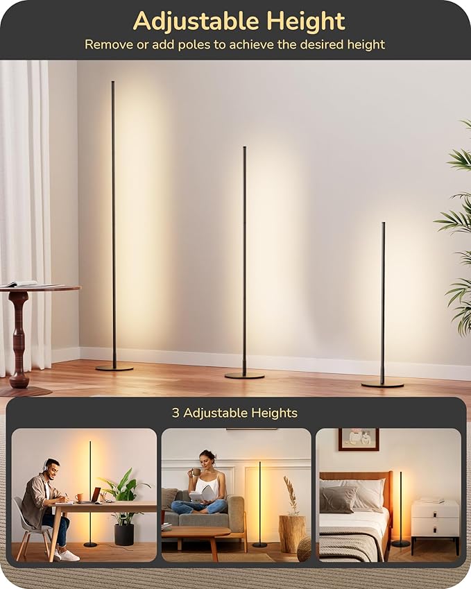 EDISHINE Modern Corner Floor Lamp, Set of 2, 57.5" Height, 7 Color Temperature 3000-6000K, Dimmable LED Floor Lamp for Bedroom, Living Room, Office, Black