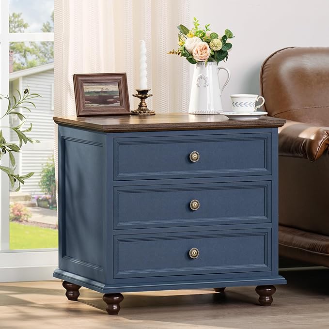 24" Wide Farmhouse Night Stand Set of 2,Large End Table with 3 Drawers & Metal Handle,Blue Dresser for Bedroom,Bed Side Table Chest of Drawers Cabinet,Wood Nightstand for Living Room,Closet