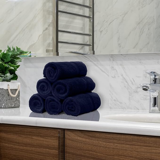 Luxury Hotel & Spa Collection, Quick Dry 100% Turkish Cotton 700 GSM, Eco Friendly Towel, for Bathroom, Gymand Kitchen Dobby Border Soft Hand Towel Set 16 X 30, Navy Blue, Hand Towels - Set of 6