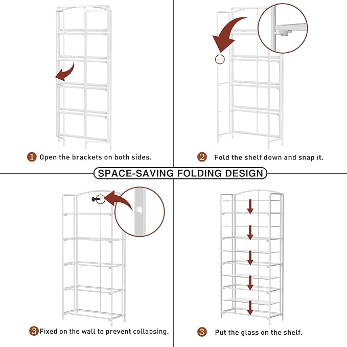 Crofy No Assembly Folding Bookshelf for Living Room, 5 Tier White Collapsible Book Shelf for Home Office, Portable Bookcase Storage Organizer