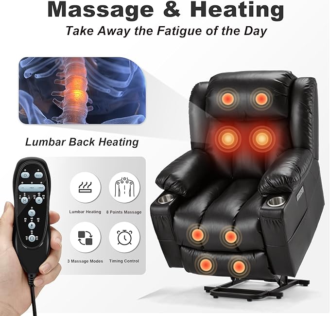 Power Lift Recliner Leather Chair Sofa with Massage & Heat, Lazy Boy Chair with Cup Holders, USB & Type-C Ports, Remote Control (Black)