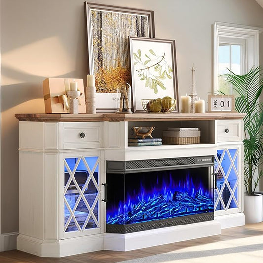 AMERLIFE 70" Bevel Farmhouse Fireplace TV Stand with 36" 3-Sided Glass Fireplace, LED Lights Entertainment Center Glass Doors & Drawers, Media Console Table Cabinet for Max 80" TV, Living Room, White